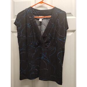 Chico's Size 2 (Large) Black Swirl Abstract Drip Pattern V-Neck Cap Sleeve Top